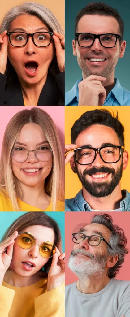 Portrety sześciorga ludzi w różnym wieku. Trzech mężczyzn i trzy kobiety. Zdjęcia ułożone w postaci siatki.