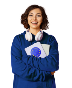 Kobieta ze słuchawkami trzyma w rękach notes z flagą UE